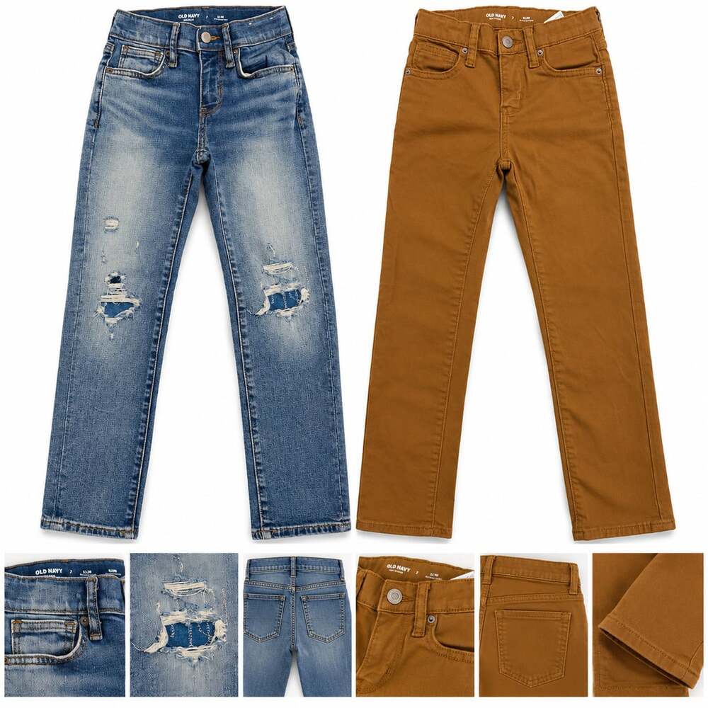 Old Navy Boys Jeans Lot Size 7 Slim 360 Stretch Blue and Brown 2 Pairs